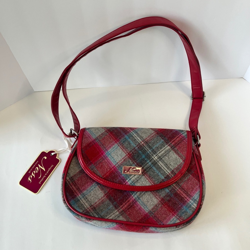 Ness Freya Winter Bright Plaid Wool Blend Shoulder Bag Red Grey Tartan NEW